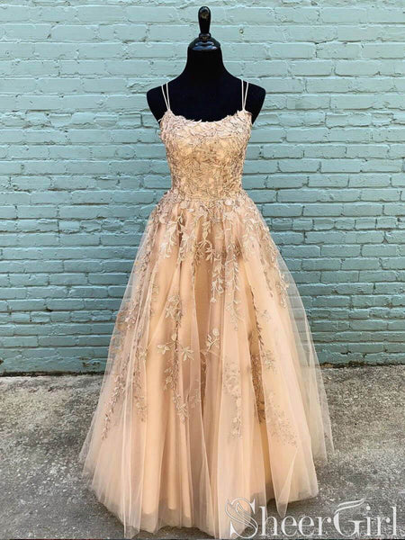 Champagne Spaghetti Strap Prom Dresses Applique A-Line Evening Dress ARD2423