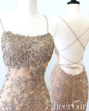 Champagne Spaghetti Strap Prom Dresses Lace Applique Graduation Dress ARD2433-SheerGirl