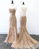 Champagne Spaghetti Strap Prom Dresses Lace Applique Graduation Dress ARD2433-SheerGirl