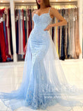 Champagne/Sky Blue Pageant Dress Spaghetti Strap Appliqued Lace Mermaid Prom Dresses ARD2857-SheerGirl