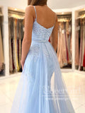 Champagne/Sky Blue Pageant Dress Spaghetti Strap Appliqued Lace Mermaid Prom Dresses ARD2857-SheerGirl