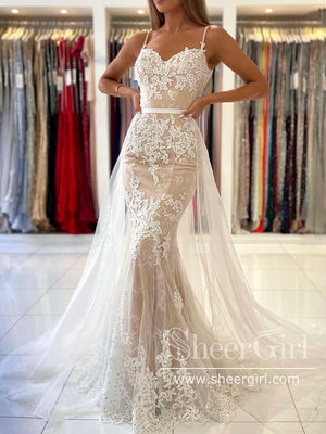 Champagne/Sky Blue Pageant Dress Spaghetti Strap Appliqued Lace Mermaid Prom Dresses ARD2857-SheerGirl