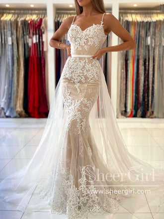 Champagne/Sky Blue Pageant Dress Spaghetti Strap Appliqued Lace Mermaid Prom Dresses ARD2857-SheerGirl