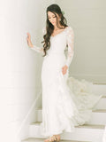 Chapel Train Ivory Sheath Lace Wedding Dresses with Sleeves AWD1300-SheerGirl