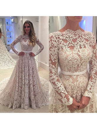 Chapel Train Vintage Lace Wedding Dresses Long Sleeves Wedding Gown apd2174-SheerGirl