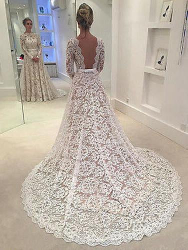 Chapel Train Vintage Lace Wedding Dresses Long Sleeves Wedding