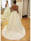 Cheap A Line Beaded Ivory Beach Wedding Dresses Plus Size Backless Bridal Gowns AWD1001