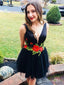 Cheap A Line V Neck Black Homecoming Dresses with Red Flower Applique ARD1780