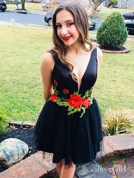 Cheap A Line V Neck Black Homecoming Dresses with Red Flower Applique SheerGirl Cheap A Line V Neck Black Homecoming Dresses with Red Flower Applique SheerGirl