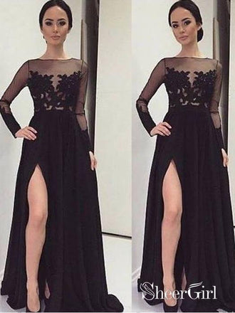 Cheap Black Prom Dresses See Through Long Sleeve Prom Dresses APD1674-SheerGirl