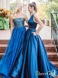 Cheap Blue Prom Dresses Halter Plus Size Beaded Simple Princess Prom Dresses APD3470-SheerGirl