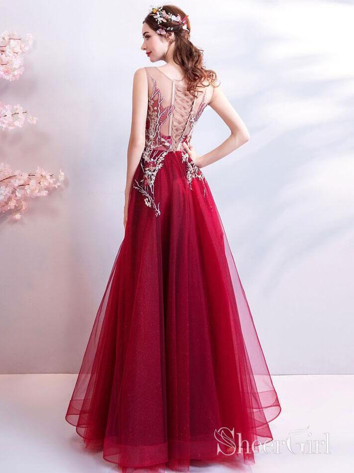 Cheap Burgundy Long Prom Dresses Lace Applique Military Ball Gown Formal Dress ARD2031-SheerGirl