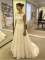 Levné slonovinové dlouhé krajky A Line Modest Beach Svatební šaty s páskem SWD0063