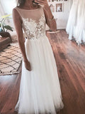 Cheap Ivory Tulle Beach Wedding Dresses Lace Applique See Through Wedding Dress AWD1240-SheerGirl