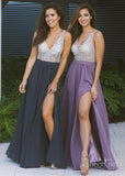 Cheap Long Prom Dresses with Side Slit V Neck Beaded Prom Dress ARD2030-SheerGirl