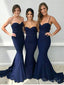 Vestidos de dama de honor de sirena azul marino baratos, vestido Formal largo de novia ARD2082