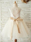 Cheap Open Back Ivory Lace Flower Girl Dresses with Golden Sash ARD1224