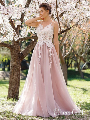 Cheap Pink Vintage Prom Dresses Plus Size Lace Applique Modest Prom Dresses ARD1200-SheerGirl