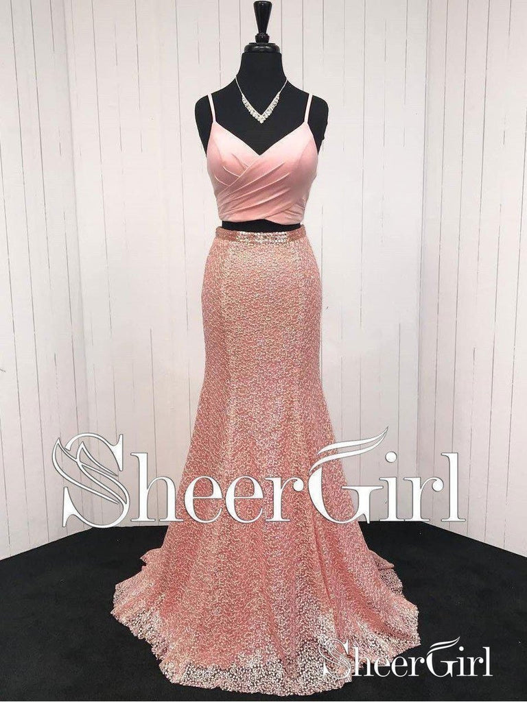 Vestidos de fiesta baratos Coral A Line Vestido formal de sirena de encaje largo de dos piezas 2018 APD3282