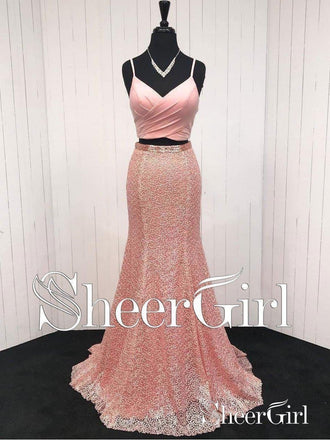 Cheap Prom Dresses Coral A Line Two Pieces Long Lace Mermaid Formal Dress 2018 APD3282-SheerGirl