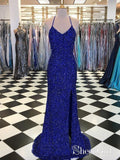 Cheap Royal Blue Mermaid Prom Dresses Sequins Formal Dress with Slit APD3322-SheerGirl