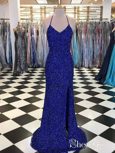 Royal Blue Sequins Prom Dresses Backless Formal Dresses |Sheergirl.com –  SheerGirl
