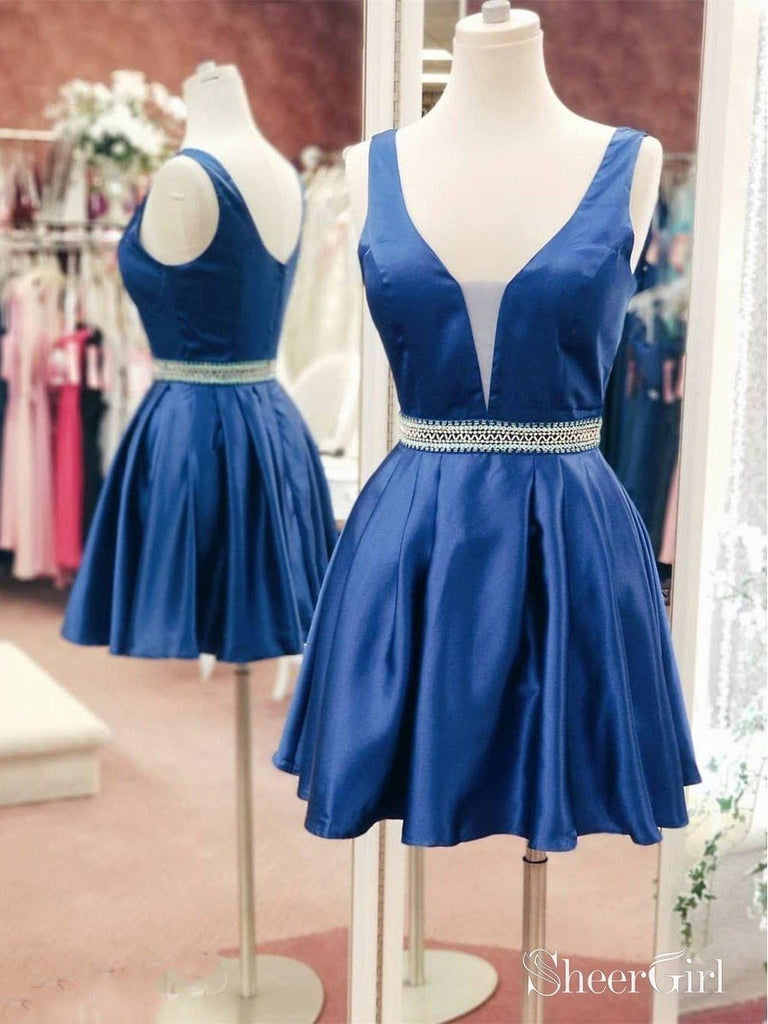 Cheap Royal Blue V Neck Beaded Homecoming Dresses Short ARD1800-SheerGirl