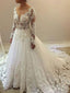 Cheap See Through Lace Beaded Wedding Dresses with Long Sleeves SWD0065