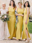 Levné pouzdrové dlouhé šaty pro družičku žluté společenské šaty s rozparkem ARD2351 