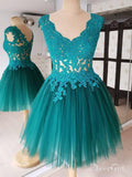 Cheap Turquoise Homecoming Dresses Short Lace Tulle V Neck Cute Homecoming Dresses APD3502-SheerGirl