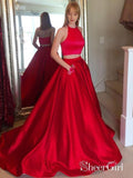 Cheap Two Piece Prom Dresses Long Red Satin Prom Dresses with Pocket APD3164-SheerGirl
