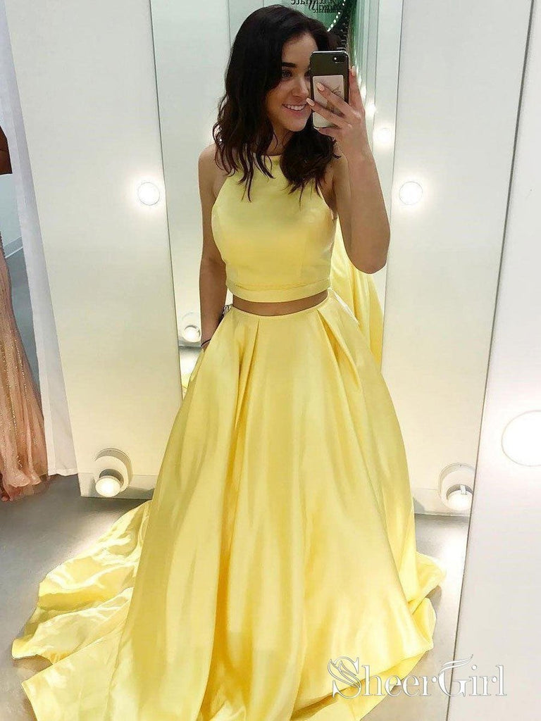 Cheap Two Piece Yellow Satin Formal Halter Long Simple Prom Dresses APD3238-SheerGirl
