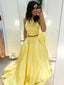 Cheap Two Piece Yellow Satin Formal Halter Long Simple Prom Dresses APD3238