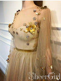 Chic 3D Flowers Long Prom Dresses Golden Rhinestone Evening Dress ARD2447-SheerGirl