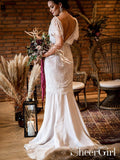 Chiffon Sheath Off Shoulder Wedding Dress Deep Back V Lace Wedding Gown AWD1682-SheerGirl