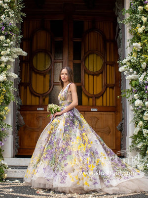 Colorful Ball Gown Tulle Wedding Dress V Neck Wedding Gown AWD1929B-SheerGirl