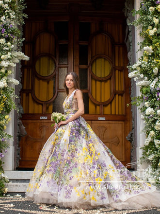 Colorful Ball Gown Tulle Wedding Dress V Neck Wedding Gown AWD1929B-SheerGirl
