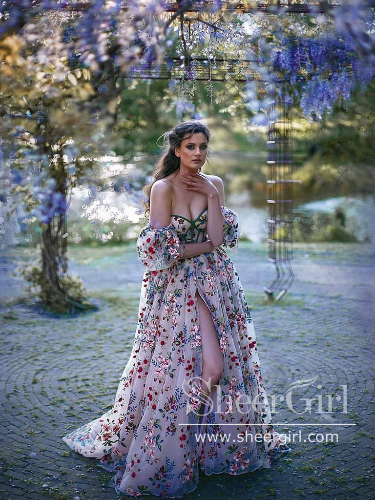 Colorful Garden Floral Lace Corset Dress Puff Sleeves Prom Dress with Slit ARD2770 Colorful Garden Floral Lace Corset Dress Puff Sleeves Prom Dress with Slit ARD2770