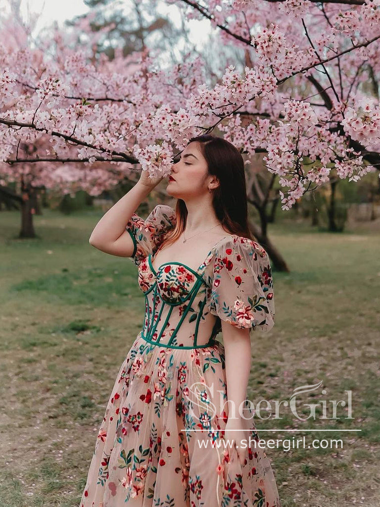 Colorful Garden Floral Lace Corset Dress Puff Sleeves Prom Dress with Slit ARD2770 Colorful Garden Floral Lace Corset Dress Puff Sleeves Prom Dress with Slit ARD2770