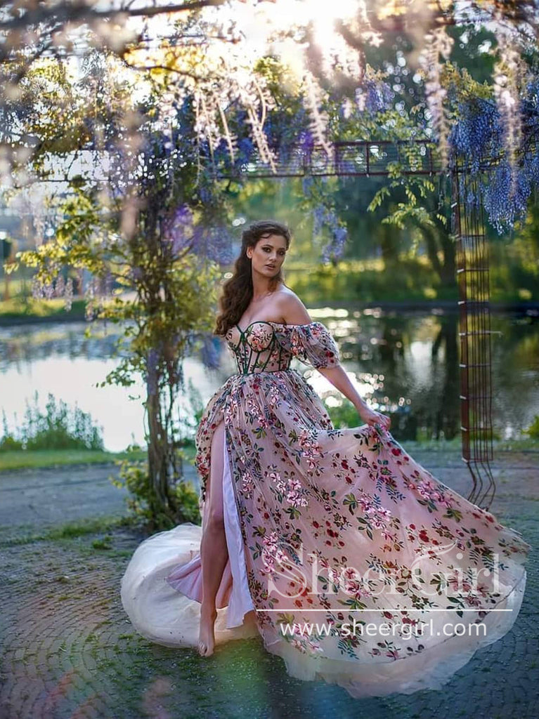 Colorful Garden Floral Lace Corset Dress Puff Sleeves Prom Dress with Slit ARD2770 Colorful Garden Floral Lace Corset Dress Puff Sleeves Prom Dress with Slit ARD2770