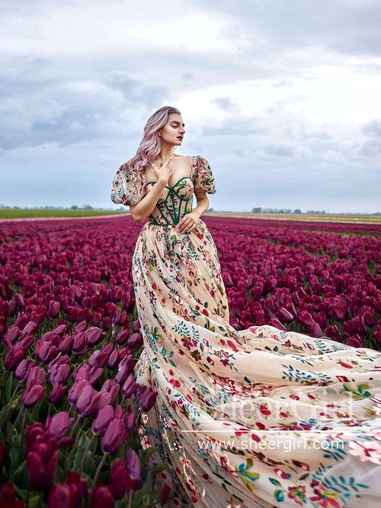 Colorful Garden Floral Lace Corset Dress Puff Sleeves Prom Dress with Slit ARD2770 Colorful Garden Floral Lace Corset Dress Puff Sleeves Prom Dress with Slit ARD2770