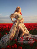 Colorful Garden Floral Lace Corset Dress Puff Sleeves Prom Dress with Slit ARD2770-SheerGirl