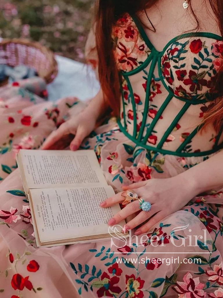 Colorful Garden Floral Lace Corset Dress Puff Sleeves Prom Dress with Slit ARD2770 Colorful Garden Floral Lace Corset Dress Puff Sleeves Prom Dress with Slit ARD2770