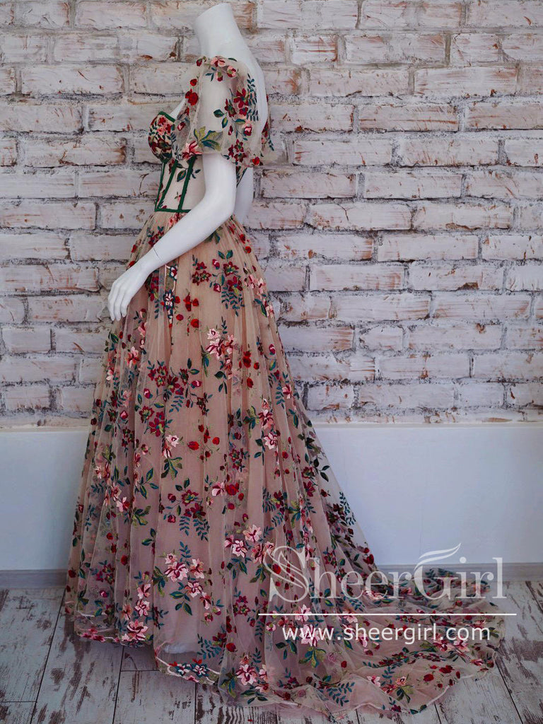 Colorful Garden Floral Lace Corset Dress Puff Sleeves Prom Dress with Slit ARD2770