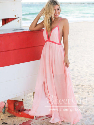 Contrast Colored Chiffon Long Dress with High Slit Eyelets Decoration Prom Dress ARD2578-SheerGirl