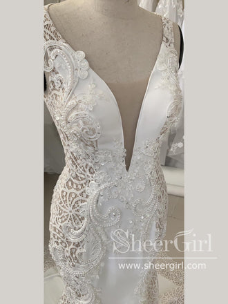 Contrast Colored Wedding Gown Gorgeous Lace V Neck Wedding Dress with Corset Back AWD1814-SheerGirl