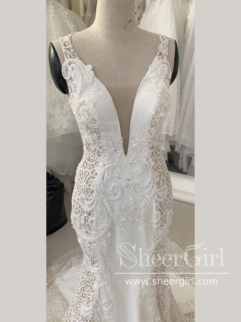 Contrast Colored Wedding Gown Gorgeous Lace V Neck Wedding Dress with Corset Back AWD1814-SheerGirl