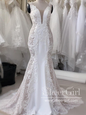 Contrast Colored Wedding Gown Gorgeous Lace V Neck Wedding Dress with Corset Back AWD1814-SheerGirl