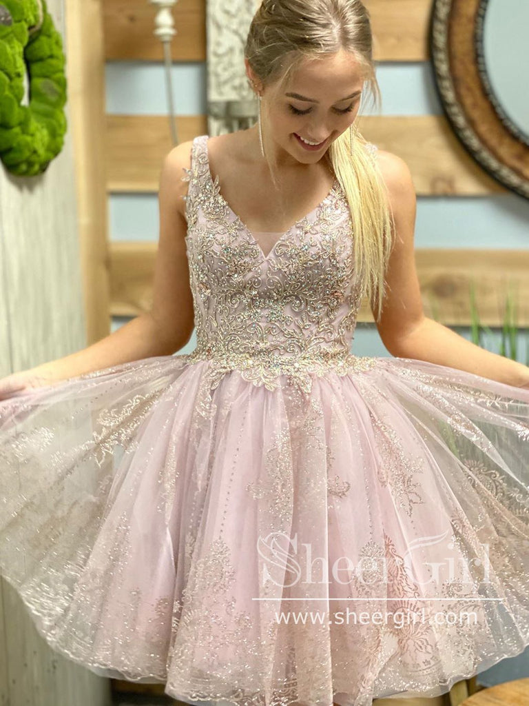 Corded Lace V Neckline Sparkly Short Prom Dress with Beadings Homecoming Dress ARD2625-SheerGirl
