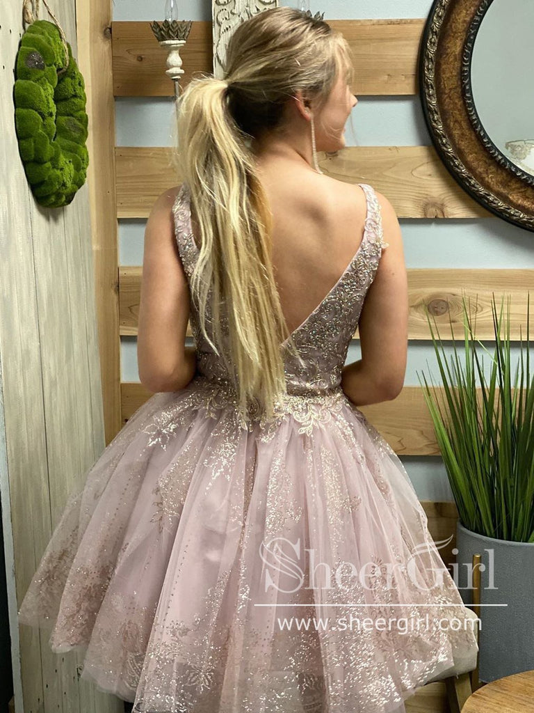 Corded Lace V Neckline Sparkly Short Prom Dress with Beadings Homecoming Dress ARD2625-SheerGirl
